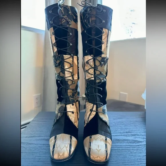 🖤RARE GOTH DREAMS Vintage 80s90s Knee High Velvet Tapestry Patchwork Boots🖤 - Picture 3 of 16